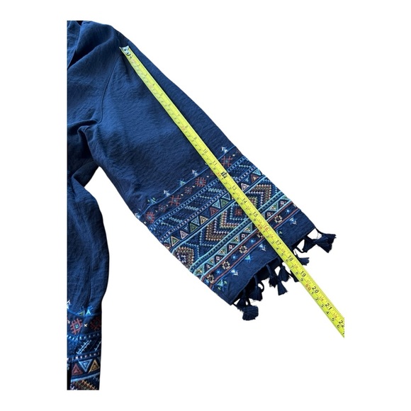 John Mark Embroidered Tassel Hem Button Front Blouse Navy 0X Plus Sz Boho Aztec - Picture 9 of 16